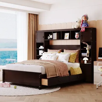 Полноразмерная кровать, Деревянная кровать, Современный простой дизайн, Полноразмерная кровать Со Встроенным шкафом, Полкой и гибким местом для хранения, для спальни 6