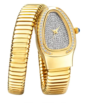 Модные роскошные женские часы в виде змеи, цельнометаллические кварцевые часы, хип-хоп ювелирные изделия с бриллиантами, браслет, женские часы 3
