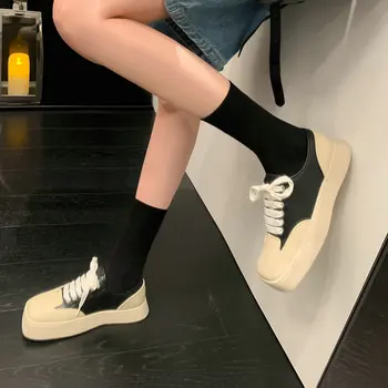 2023 Весенне-летние женские кроссовки из натуральной кожи смешанного цвета на низком квадратном каблуке с квадратным носком и платформе, Женские размеры 35-40