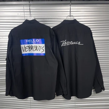 23ss Новых рубашек Vetements с буквенным логотипом HELLO Blue Box Label, кардиган с длинным рукавом и карманным принтом, Черная рубашка VTM для мужчин и женщин 11