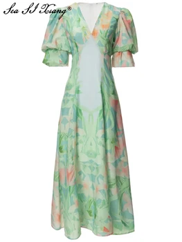 Seasixiang, модное дизайнерское Летнее платье, женское платье с V-образным вырезом, рукавом-фонариком, цветочным принтом, Богемные длинные платья для отпуска 7