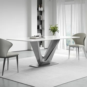 Дизайнерская комбинация V-образного обеденного стола и стула, домашний длинный стол для небольшой семьи, простая атмосферная вкладка для рок-доски для отдыха 14