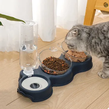 Автоматическая кормушка для кошек, Двойная Миска для корма для собак и кошек С фонтанчиком для воды, Дозатор для питья домашних животных