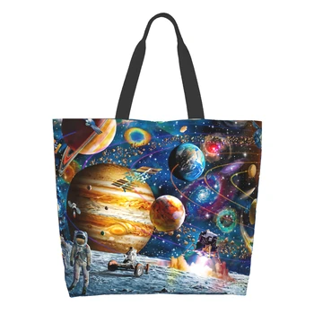 Астронавт Луна Холщовая сумка-тоут для женщин Выходного дня Лунная Галактика Космические звезды Космический корабль-спутник Кухонные многоразовые сумки для продуктов