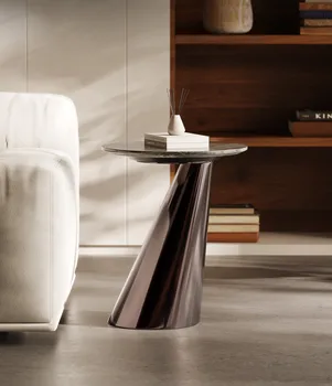 Итальянский светлый роскошный стол с каменным краем, диван, гостиная, домашний дизайнер, современный стиль, круглый маленький угловой столик из нержавеющей стали 7