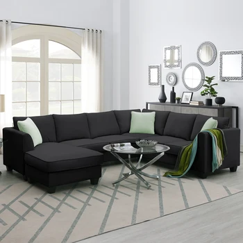 Модульный диван для гостиной, 7-местный модульный диван с пуфиком из ткани L-образной формы, угловой диван с 3 подушками 5