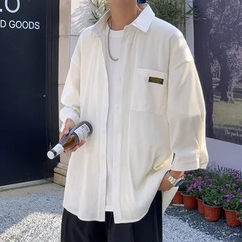 Вельветовая рубашка с длинными рукавами для мужчин, Осенняя мода, свободный повседневный однотонный мужской топ, одежда в корейском стиле, уличная одежда 5