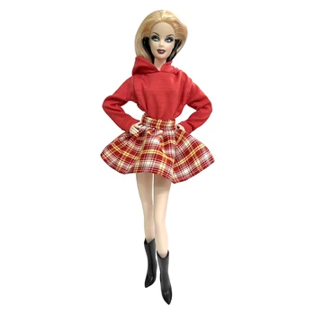 1 комплект, красная одежда для кукол 1/6, короткая толстовка для кукол Барби, аксессуары, Однотонный Свободный свитер с капюшоном, мини-юбка 2