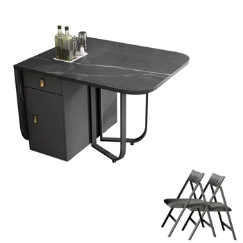 Передвижной Складной обеденный стол с полкой для хранения и 2 выдвижными ящиками, универсальный кухонный стол и металлические складные обеденные стулья. 12