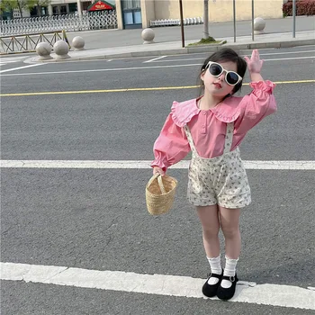 Детский комплект 2023 Весна Осень Корейские девочки Корейская однотонная рубашка Сладкие Цветочные подтяжки Шорты Комплект юбка комплекты детской одежды