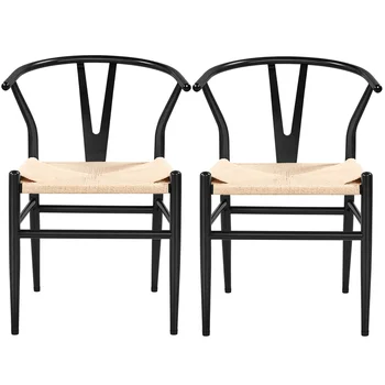 Металлические обеденные стулья Alden Design середины века с плетеным сиденьем из пеньки, комплект из 2 штук, черный 11