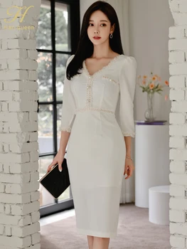 H Han Queen, лидер продаж, черно-белое женское платье, винтажное, Весна-осень-лето, Элегантное, с V-образным вырезом, простые облегающие платья-футляры 4