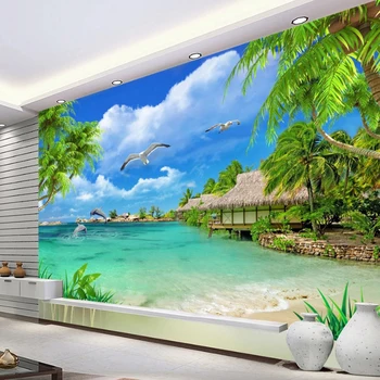 Индивидуальные 3D Фрески Обои Пляж Море Кокосовые пальмы Пейзаж Живопись Диван для гостиной Фон для телевизора Обои для стен 10