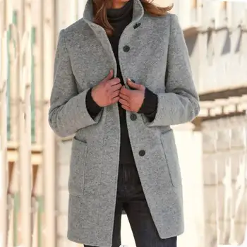 Женские куртки, непромокаемое пальто, популярные однотонные однобортные шерстяные пальто со стоячим воротником, верхняя одежда средней длины S-XXXL 8