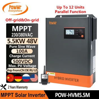 PowMr В Сети и Вне Сети 5,5 кВт 48 В Гибридный Солнечный Инвертор PV 500 В Поддержка Параллельного подключения 12 Блоков Встроенного Зарядного Устройства MPPT 100A с Wi-Fi 6