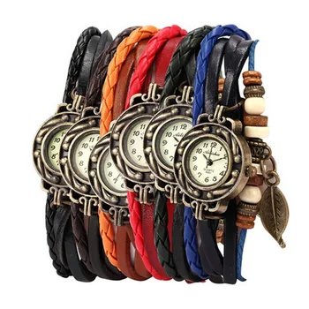 Женские наручные часы с переплетением браслетов, кварцевые Кожаные бусины в виде листьев, мужские модные часы, Мужские механические 5