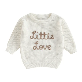 Свитер для маленьких девочек с длинным рукавом и круглым вырезом с буквами, зимний теплый вязаный пуловер, свитер, одежда для младенцев 14