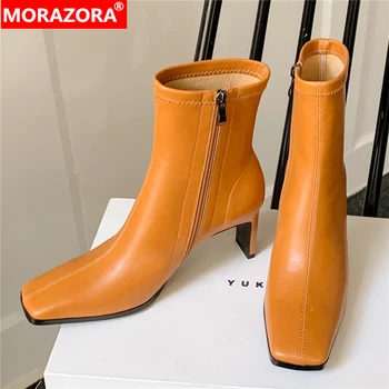 MORAZORA, Размер 34-40, Новые ботинки из натуральной кожи, женские ботильоны на молнии на высоком каблуке с квадратным носком, женская обувь, модные пинетки 3