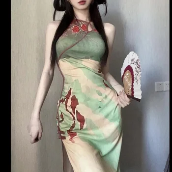 Новые Сексуальные Улучшенные Чонсамы Без рукавов Ципао Выдалбливают Китайское платье Женские Сексуальные Платья с разрезными Нерегулярными бретельками Улучшены
