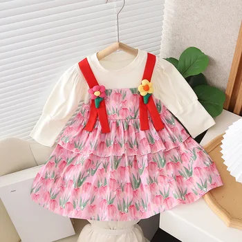 Детское платье для девочек в корейском стиле с цветочным рисунком, новая осенняя одежда принцессы для маленьких детей 16