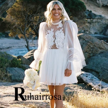 Ruhair, Стильные пышные рукава, высокий вырез, блестки, бусины, свадебные платья с разрезом для невесты, аппликации на заказ, Vestido De Casamento 4