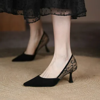 2023 Летние Женские туфли на высоком каблуке с острым носком, сексуальные Модные туфли-лодочки с кружевной строчкой, Элегантные женские туфли во французском ретро-стиле Femme