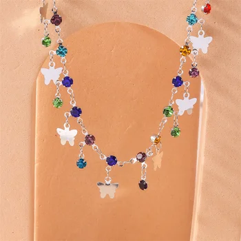 Модное ожерелье-чокер с разноцветными кристаллами, ожерелье-цепочка для женщин, Серебряное ожерелье с подвеской в виде бабочки, вечерние ювелирные изделия, ошейники 9