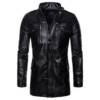2023 Весенне-осенняя мужская куртка из искусственной кожи средней длины, мотоциклетная кожаная куртка со стоячим воротником и четырьмя карманами 10
