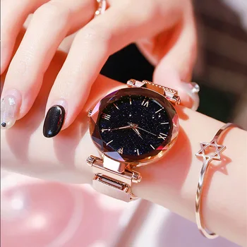 Женские модные часы со звездным небом, сетчатый ремень с магнитной пряжкой, кварцевые часы с бриллиантами, женское платье, наручные часы 7