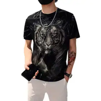 Одежда для мужчин, Летняя футболка с короткими рукавами, Модный бренд, Красивые топы с принтом головы тигра горячего бурения 1