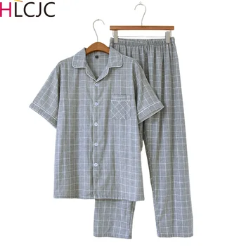 Мужской пижамный комплект в серую клетку, окрашенный пряжей, Весна-лето, тонкие длинные брюки с короткими рукавами, можно носить снаружи, кардиган для домашней одежды 8