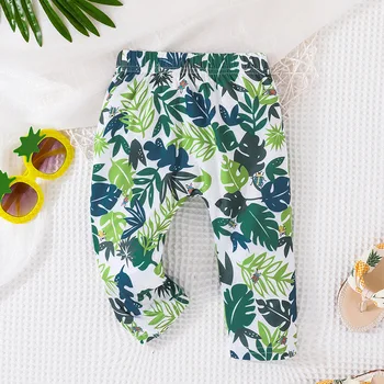 2023 Весенне-осенние штаны для маленьких мальчиков с принтом листьев, свободные брюки с эластичной резинкой на талии, хлопковые универсальные пляжные брюки, штаны для маленьких мальчиков 16