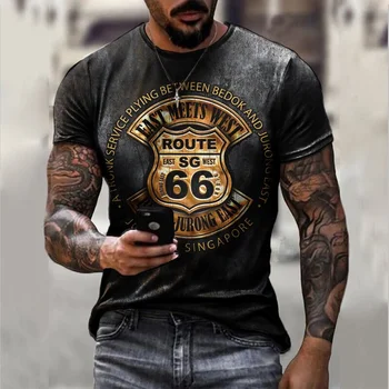 Летние мужские футболки Свободная одежда большого размера Винтажная мода с коротким рукавом America Route 66 Футболки с буквенным принтом и круглым воротником 13