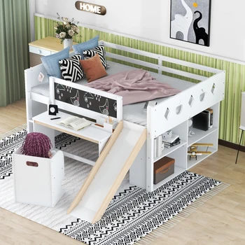 Деревянная полноразмерная кровать-чердак, детская кровать с Горкой, 4 Шкафа, Классная доска, Письменный стол и Стул, забавная кровать-чердак, Подходящая для детской спальни 16