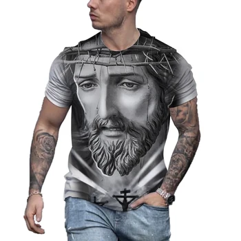 Новая мужская футболка с 3D принтом Иисуса, Круглым вырезом и коротким рукавом, Быстросохнущая, Стандартный Размер, Прямой Магазин Фабрики Одежды 13