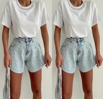 Широкие Короткие брюки, новинка 2023, летние женские джинсовые шорты с высокой талией, винтажная уличная одежда с бриллиантами 2