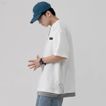 Летняя новая мужская футболка с короткими рукавами, имитирующая два вафельных шнурка, повседневная винтажная футболка 2