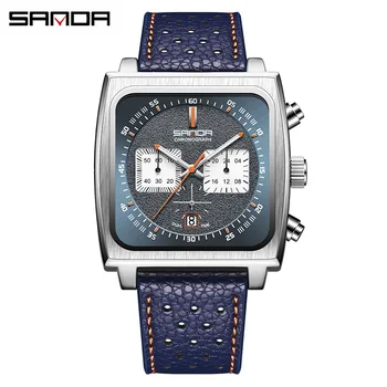 Sanda 5311 Новый дизайн, мягкий кожаный ремешок, водонепроницаемый кварцевый механизм, многофункциональные наручные часы для деловых мужчин с прямоугольным циферблатом
