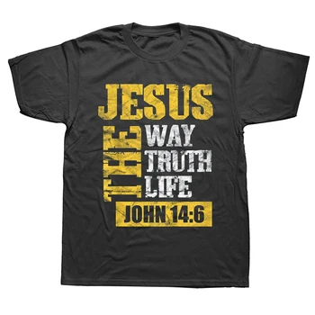 Футболки Jesus The Way Truth Life John 146 Christian с графическим рисунком Повседневная хлопковая уличная одежда с коротким рукавом Летняя мужская футболка европейского размера 8