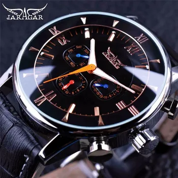 Модные Механические часы Jaragar от ведущего бренда, мужские наручные часы, циферблат из черного Розового золота, Кожаный ремешок, Автоматическая дата на 24 часа 8