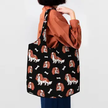 Сумка для покупок с мультяшным кавалером Кинг Чарльз Спаниелем, женская холщовая сумка-тоут, моющиеся сумки для покупок для собак 3