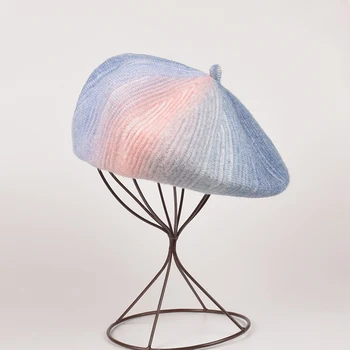 Шерстяной Градиентный цвет, вязание на открытом воздухе, сохраняющий тепло, женский берет, шапка художника, осень-зима, корейская версия, женская шапочка-бини 9