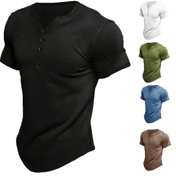 Летняя новая мужская рубашка Henley в европейском и американском стиле, Мужская однотонная футболка с коротким рукавом, топ 16