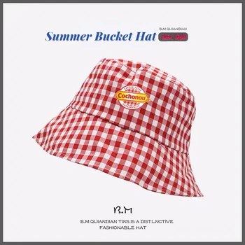 Topi Bob Cochonou kotak-kotak merah cantik wanita, topi ember musim panas dewasa kasual katun reversibel luar ruangan grosir 12