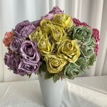 Букет искусственных роз, шелковые искусственные цветы, зеленое растение, украшение торгового центра, имитация цветов с обожженным краем, белая и красная роза 4