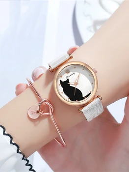 Модный набор часов Женский браслет Наручные часы с белым кожаным ремешком Женские кварцевые часы 4