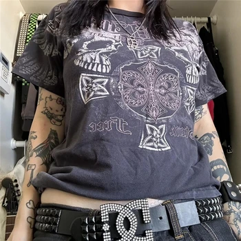 Топы y2k в стиле готик-панк, Женская эстетическая одежда, футболки с графическим принтом Черепа, круглый вырез, короткий рукав, уличная одежда Cybercore 2000-х годов 1