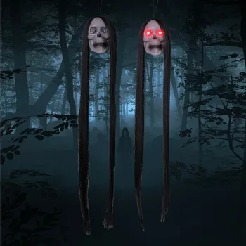 Хэллоуин Светодиодный Подвесной скелет с длинными волосами, женский призрак Ужаса, светящиеся глаза, череп, декоративный реквизит для дома с привидениями, ужасы на Хэллоуин 11