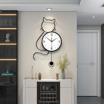 Креативные настенные часы с кошкой Современные простые часы для гостиной Украшение дома Часы для входа в ресторан Настенные 6