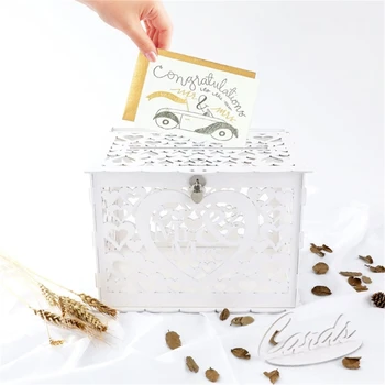 Большая деревянная коробка для свадебных подарочных карт, надежный держатель для денежных конвертов белого цвета с замком и прорезью, оформленный в стильном стиле 6